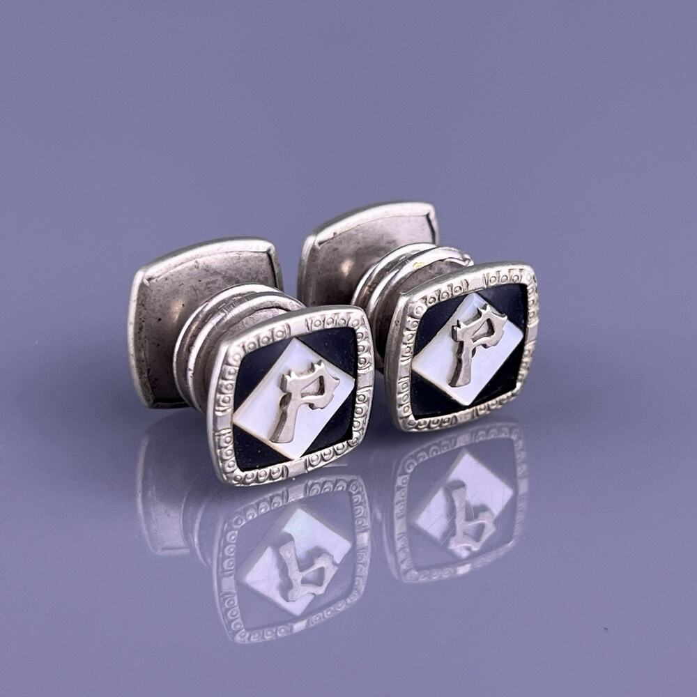 Art Deco P Initial MOP Cufflinks Silver Tone Black Double Sided Snap Vintage